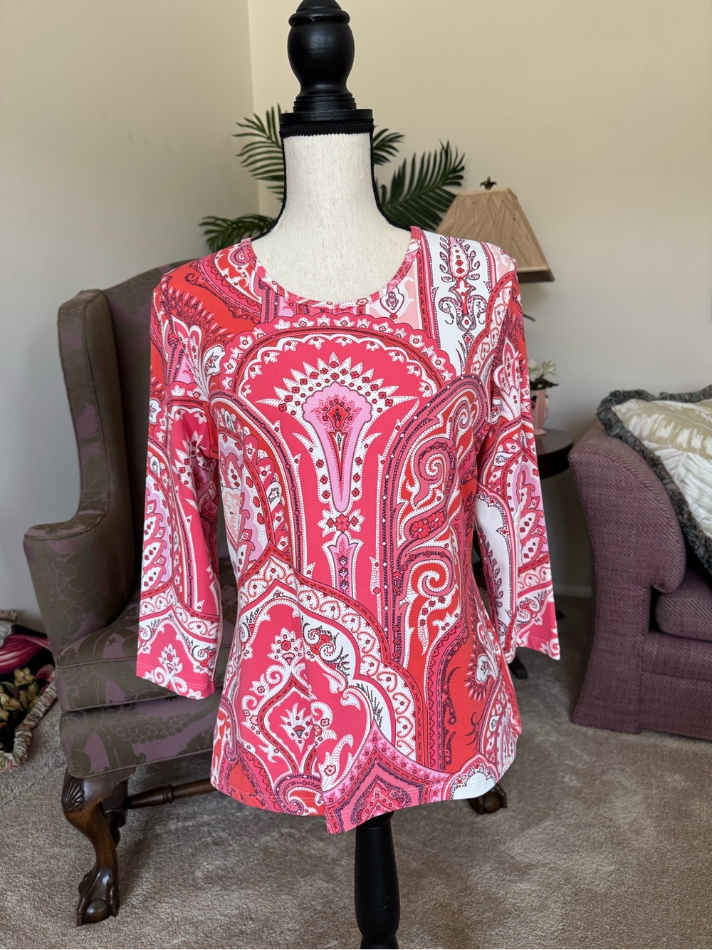 J. McLaughlin Pink and White Paisley Long-Sleeve Tee
